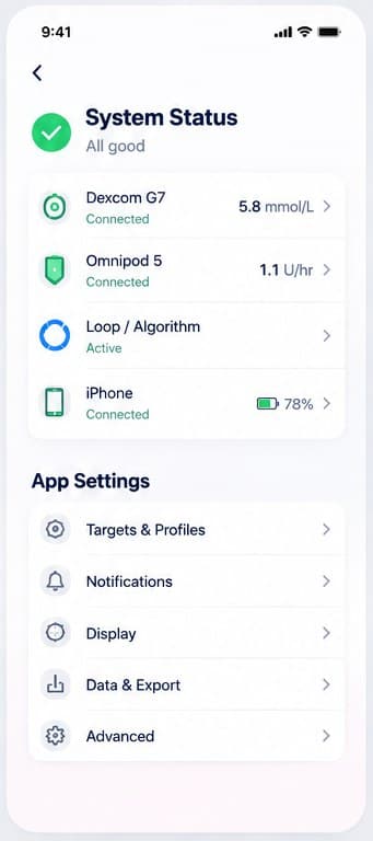 Grado systeemstatus: Dexcom, Omnipod en Apple Watch verbonden